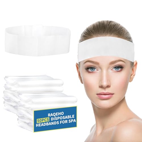 RAQEHO 50pcs Disposable Headbands for Spa - Non Slip Elastic Spa Facial Head Bands Bulk Head Wrap Hair Bands For WomenS Hair Skincare Washing Face Makeup Facial Tools Esthetician Supplies Adjustable