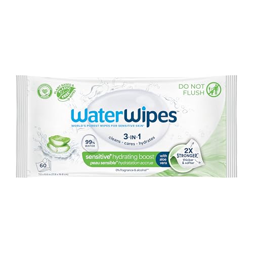WaterWipes Sensitive+ Hydrating Boost Wipes 3-In-1 Cleans Cares Hydrates 99% Water with Aloe Vera Unscented & Hypoallergenic Baby Wipes 60 Count (1 Pack)