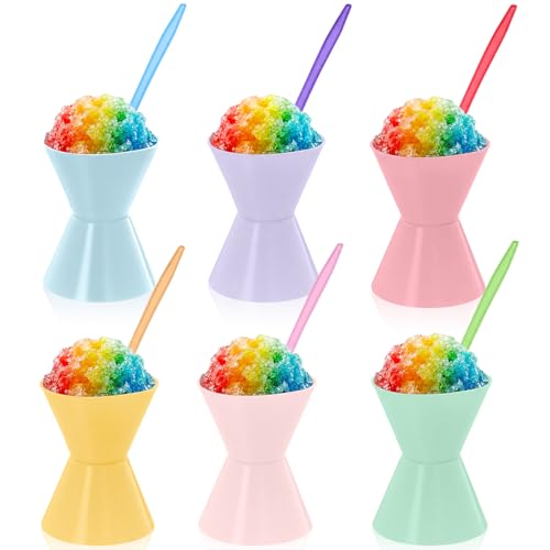 Mysora 6 Pack 6oz Reusable Silicone Snow Cone Cup Set Leakproof Cups & Spoon with Holders for Summer Cookout Party Kid Friendly for Slushies Shaved Ice & Ice Cream(Macaron)