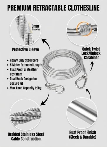 Image of DAREV Heavy Duty Clothes Drying Rope 5 Meter with Hooks | Strong Steel Clothesline for Balcony, Bathroom, Travel & Camping | Rust-Resistant Durable Cloth Line for Indoor & Outdoor Use (Silver)