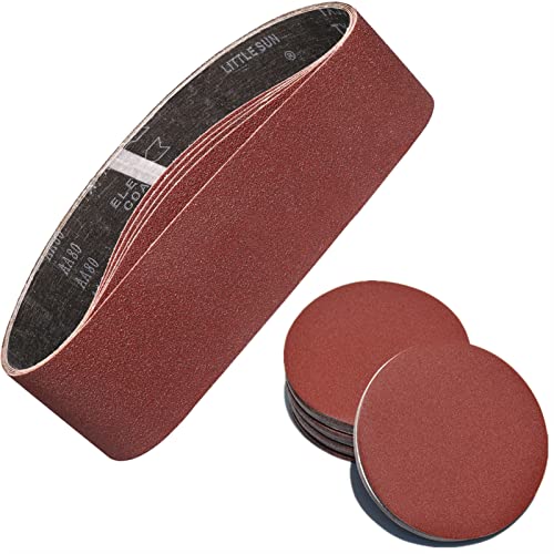 POTUINOM 28 Pack - Including 10pcs 4x36 Inch Sanding Belts (60 80 120 240 320 grit) and 18pcs 6 Inch Self Stick Sanding Discs (80 100 120 180 240 400 grit)