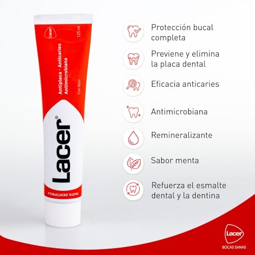 Lacer PDL – Pack de Pasta Dentífrica 125 ml + 200 ml Gratis Acción Antiplaca, Anticaries, Antimicrobiana, Combate la Flora que Causa las Caries, Fortalece el Esmalte y la Dentina, Protección Integral