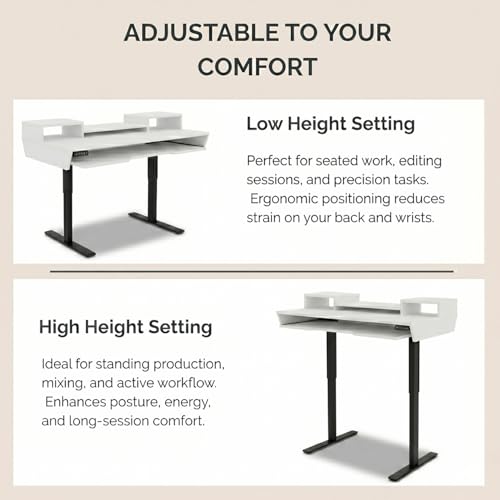 Image of TEKAVO Kreate Studio Table Height Adjustable Music Production | Monitor Riser + Long Keyboard Tray | Desk for Editing Studio, Gaming, Workstation | White, Metal | 153L x 76.5 W x 70 to 120H CM | DIY