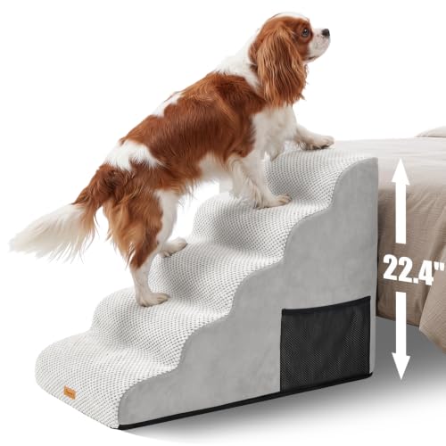 Image of Topmart High Density Foam Dog Steps 5 Tiers, Extra Wide Deep Pet Steps | Non-Slip Dog Stairs Ramp for Bed, Soft Foam Cat Ladder,Best for Older Injured, Older Pets, Cats with Joint Pain