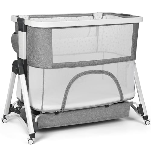 Image of Cowiewie 4 in 1 Baby Swingable Bassinet Infant/Newborn to Toddler Bassinet with 4 Stages, Bedside Sleeper+Travel Cot+Bassinet+Playpen with Mattress, Breathable Net,6 Height Adjustable (Gray)