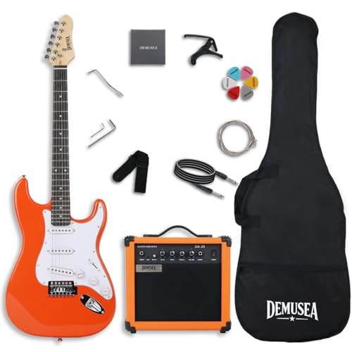 Demusea Full Size Orange Color Electric Guitar Kit With 20W AMP Bundle SSS Pickup Single Tremolo 25.5 Inch Scale Maple Neck All In One For Beginner Bag Noiseless Cable Capo Strap In(ST, Orange)