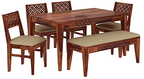 Image of Solid Wood 6 Seater Dining Room Sets || Wooden Dining Table with Chairs and Bench|| Dining Table Set for Home Living Room Furniture (CNC with Bench, 6 Seater)