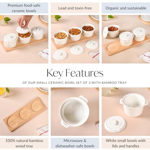 Image of Nestasia Ceramic Snack Bowls with Lids & Bamboo Tray Set 250ml | Microwave & Dishwasher Safe, Eco-Friendly | Ideal for Snacks, Dips, Treats, Dry Fruits