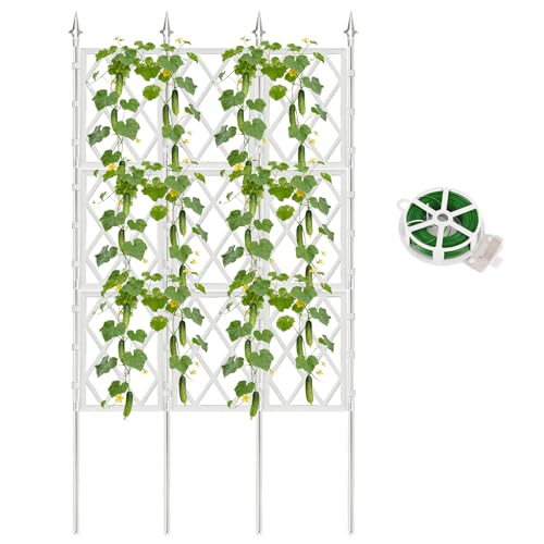 63 Inch Garden Trellis for Climbing Plants Outdoor White Iron Pipe Support Fence Metal Wall Lattice Climbing Frame for Potted Plants Indoor for Ivy Vines Vegetable Flower Patio Lawn Yard Backyard