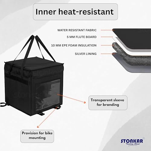 Image of Thermal Insulated DELIVERY Bag - 15x15x15 Inches | Commercial Grade Food & Grocery Delivery Bag for Bike & Scooter | Waterproof 6-Layer Insulation for Pizza, Ice Cream & Catering (Black)