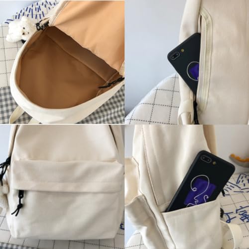 Canvas Big Capacity Backpack with Cute Bear Pendant Accessory for Women Men Aesthetic Daypack(white)3
