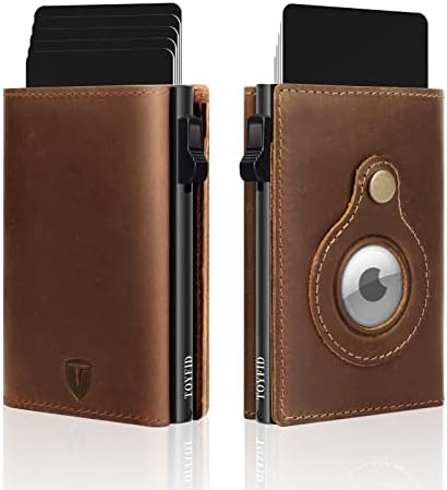 TOYFID Trifold Leather Brown Wallets for Men with Airtag Holder - Pop Up Card Holder&ID Window | Magnetic Closure RFID Wallets - Full Grain Leather Credit Card Wallet with 10 Card Capacity