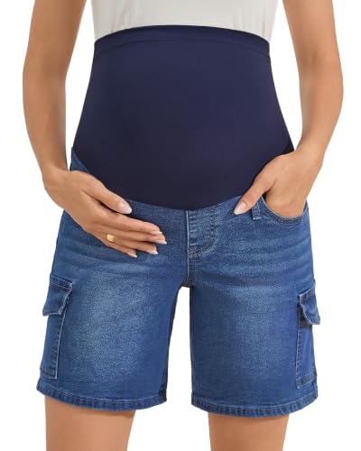 Image of PACBREEZE Women's Maternity Jean Shorts Over Belly Stretch Denim Shorts Trendy Summer Pregnancy Clothes