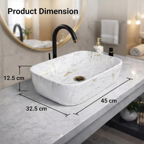 Image of Ceramic Tabletop Wash Basin - Glossy Rectangular Countertop Vessel Sink with Marble Finish for Bathroom & Vanity | Compact 18 x 13 x 5 Inch | Elegant Washbasin