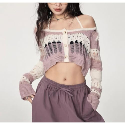 Y2k Spicy Girl Hollow Striped Knitted Sweater with Niche Design Short Loose one Shoulder top2