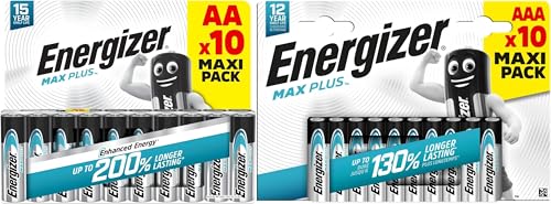 Energizer Max Plus Pile AA e AAA (Confezione da 20) Batterie Alcaline 1,5V - 100% imballaggio riciclabile privo di plastica