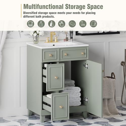 Image of 24 Inch Bathroom Vanity with Ceramic Sink, Freestanding Vanity Cabinet with 2 Drawers and 1 Door (Green)