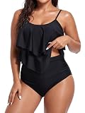 Black Bikini Set High Waisted Two Piece Swimsuits for Women Ruffled Flounce Top Bathing Suits Bikini 02 Black 12-14