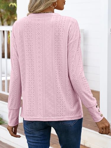 ANRABESS Womens Eyelet Tops Long Sleeve Henley Shirts Business Dressy Casual Blouse Vacation T-Shirt 2025 Fall Outfits