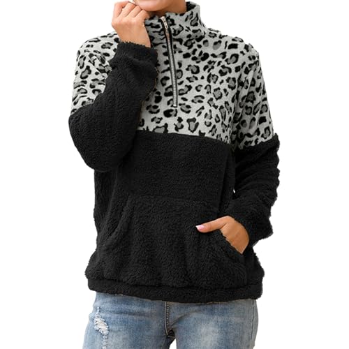 Women's Casual Leopard Print 1/4 Zipper Collar Pullover Sweatshirt Double Fleece Warm Jacket Pullover Tops