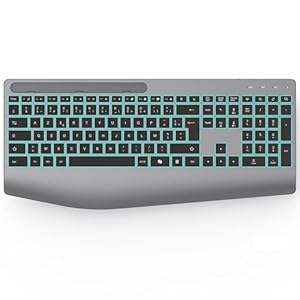 OMOTON Clavier sans Fil AZERTY Français, 2,4G Clavier Ergonomique Rechargeable avec Repose-Poignet, Clavier Silencieux Rétroéclairé, Compatible PC Windows/Linux, Idéal Bureau, Gris sidéral