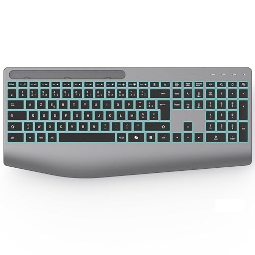 OMOTON Clavier sans Fil AZERTY Français, 2,4G Clavier Ergonomique Rechargeable avec Repose-Poignet, Clavier Silencieux Rétroéclairé, Compatible PC Windows/Linux, Idéal Bureau, Gris sidéral