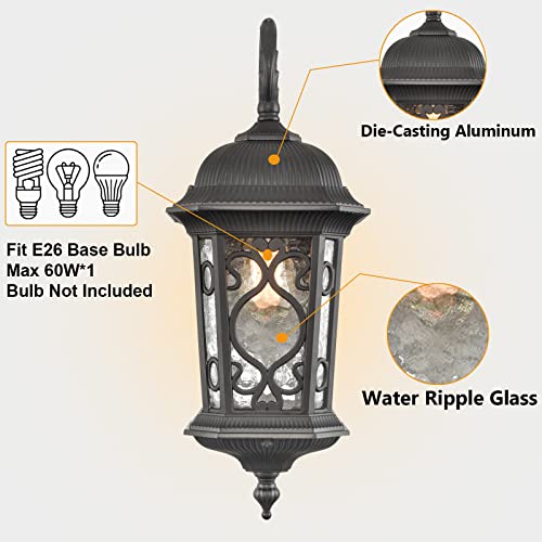 Image of Waterproof Outdoor Wall Light Fixture Black 21 inch H Water Glass Shade | Exterior Wall Lantern Die-Cast Aluminum, Sconce Light Dimmable, Quick Installation for Porch Garage