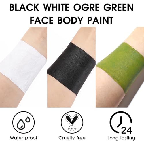 Image of BADCOLOR 3PCS Black White Orge Green Face Body Paint Stick Makeup for Frankenstein /Witch /Grinch /Hulk /Alien /Demon /Evil Clown SFX Cosplay & Dress Up, Full-Coverage Halloween Facepaint Makeup Kit