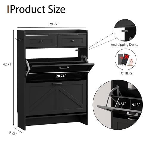 Image of Shoe Cabinet with 2 Flip Drawers & 2 Top Drawers, 43 inch Tall Freestanding Narrow Wooden Shoe Storage Organizer for Entryway, Hidden Slim Shoe Rack for Front Door Entrance, Hallway, Living Room, Black