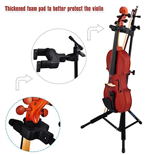 EASTROCK Violin Stand Portable Black Tripod Viola Stand and Height Adjustable with Bows Hook Holder,Automatic Locking Hook & Soft Pad Material(Violin Stand)