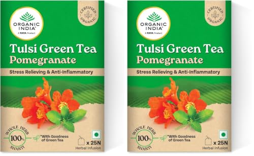 Image of A TATA Product - Organic India Tulsi Green Tea Pomegranate - 25 Tea Bags, Certified Organic, Stress Relief, Rich in Antioxidant, Tulsi & Pomegranate Infusion (Pack of 2)