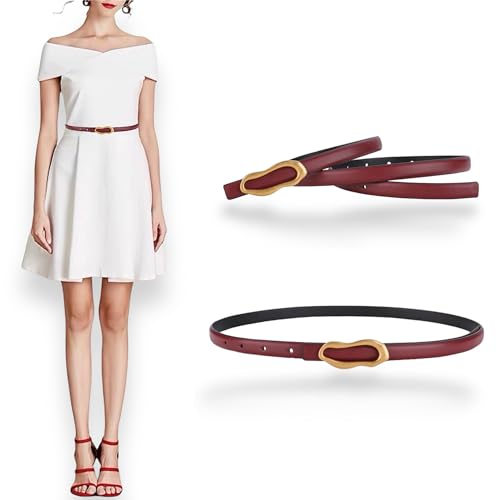 Women's Belt Slim Skinny Genuine Leather Belt For Dress Pants, Gold Bronze Oval Organic Shape Buckle Soft Waistband4