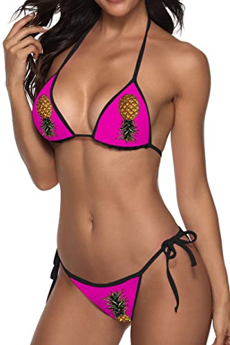 Novelty Swimsuit Women Upside Down Pineapple Bathing Suit for Women Halter Tie Side Two Peace Bikini Set