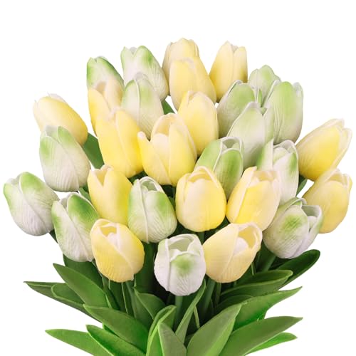 N&T NIETING Artificial Tulips Flowers, 12Pcs Fake Tulip Real Touch Latex Faux Tulips Flowers Bouquet for Wedding Floral Arrangements Mother's Day Home Easte Decoration(Mix Green)