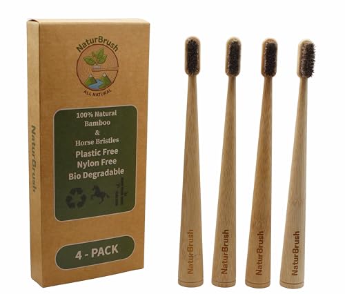 Naturbrush Horsehair Bristle and Bamboo Toothbrush (4-Pack) - Plastic Free Fully Biodegradable Soft Horsehair Bristles