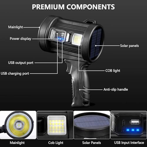MIXILIN Rechargeable Spotlight, 90,000 Lumens Handheld Hunting Flashlight Led Spot Light with Cob Light and Solar Panels, Lightweight and Super Bright Spotlight for Hunting Boating Camping