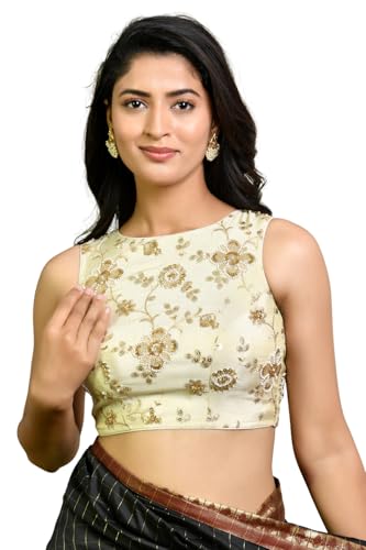 Amodini Designer Studio Women's Embroidered Blouse, Sleeveless, Gold Floral Design,