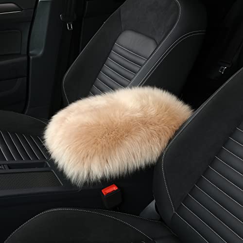 Image of IRIWOOL Sheepskin Armrest Cover Auto Center Armrest Cover Car Soft Console Pad, Fluffy Wool Auto Center Console Cover for Most Car Arm Rest Decoration Protector 9 x 14 Inch (Long Wool, Khaki)