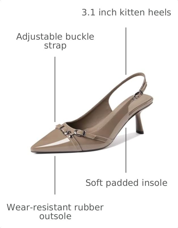 Image of Kitten Heels for Women Closed Pointed Toe Heels Patent Leather Low Heel Slingback Dress Shoes Feature Adjustable Buckle for Date Party Work Office Comfortable Sexy Pumps Shoes