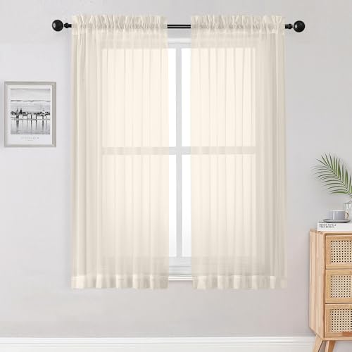 Image of OWENIE Sheer Curtains 63 inch Length 2 Panels Set, Rod Pocket Voile Fimly Sheer Drapes for Living Room /Bedroom, 2pcs, Each 42 inch W x 63 inch L, Cream