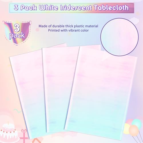 Image of 3 Pack Iridescent White Plastic Tablecloth, Shiny White Disposable Laser Rectangle Table Covers, Holographic Foil Tablecloth Party Decorations for Birthday Bridal Wedding Banquet, 40 x 108 Inch