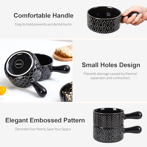 Sureasy French Onion Soup Bowls with Handles - 19 Oz Oven Safe Bowls for Soup, Cereal, Chilli, Beef Stew, Stackable Soup Crocks, Microwave & Dishwasher Safe, Set of 4, Black