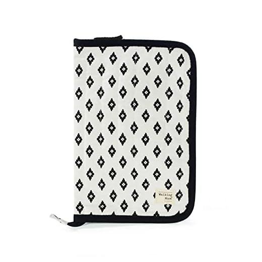 Walking Mum. Libro de Nacimiento Boho Chic. Funda portadocumentos de bebé con bolsillos transparentes y cierre de cremallera. Color Blanco/Negro. Medidas 19X28X1 cm.