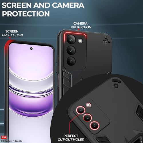 Image of AESTMO Realme 14X 5G Back Case Cover | Tough Armor Bumper | Ring Holder & Kickstand in-Built | 360 Degree Protection Cover for Realme 14X 5G (Black)