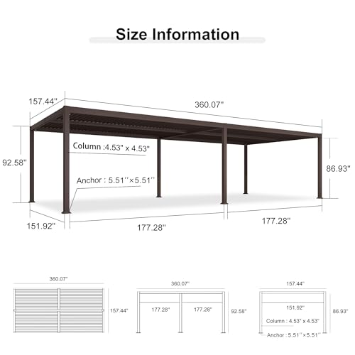 PURPLE LEAF 13' x 30' Louvered Pergola Outdoor Adjustable Louvre Shade Modern Patio Aluminum Pergola with Retractable Roof for Deck Backyard Garden Hardtop Gazebo - Image 7