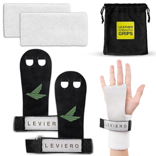 LEVIERO Palmies Gymnastics Grips, Grips for Gymnastics, Multipurpose Soft Leather Grips with Adjustable Finger Holes, Weightlifting, Kettlebell, Cross Training Workouts for All Ages - (Black, Medium)