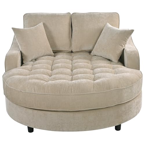 Image of Christopher Knight Home 55 Inch Modern Chaise Lounge Sofa Bed, Upholstered Chenille Lounge Couch with Tufted Seat and Detachable Pillows Curved Accent Sofa for Living Room, Champagne