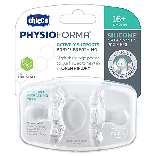 Image of Chicco PhysioForma 100% Soft Silicone One Piece Pacifier for Babies Aged 16-24 Months | BPA & Latex Free | Reusable Sterilizing Case | Clear, 2pk