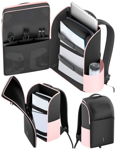 LVVIL Backpack for P5/ Slim/ Pro Console, Fully Zip-Open P5 Carrying Case Travel Bag, Large Capacity P 5 Storage Bag for Dual Controllers,P S Portal, Laptop, Game Cards, with 3 Cable Pouch, Pink