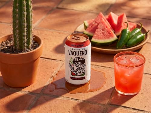 Image of Thirsty Vaquero, Watermelon Jalapeno Flavored soda (Sandia Salvaje), Mexican-inspired soda, Real Fruit Juice & Savory Spices, Made with Organic Agave, Low Calorie, Natural Juice, 12 oz Cans, 4-Pack